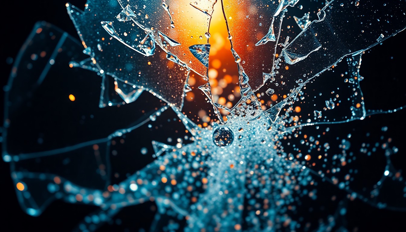 An extreme close-up photograph featuring a dramatic, high-contrast composition of shattered glass and glittering sequins, conveying the film's conceptual exploration of the complexities of modern morality through its luxurious yet unsettling visual aesthetic.