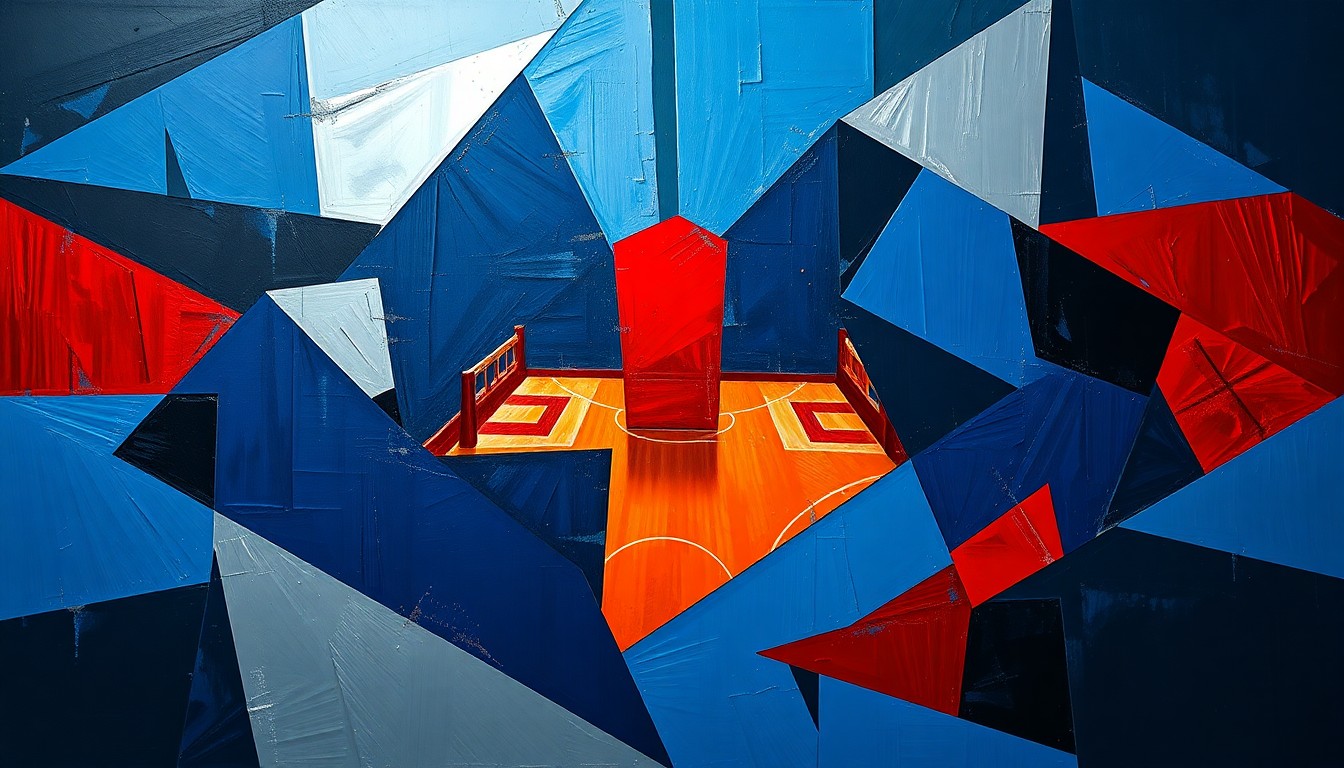 A cubist-style painting depicting a fragmented basketball court scene, with players and the ball broken down into sharp, angular shapes in a color palette of navy, red, and silver, conveying the strategic shifts happening within the Bulls organization.