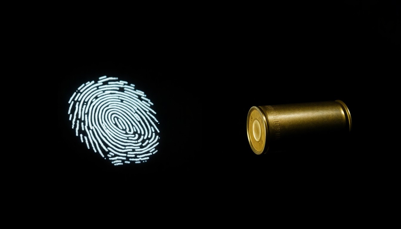 An extreme close-up photograph of a single piece of forensic evidence, such as a fingerprint or a bullet casing, lit by a harsh, direct camera flash against a pitch-black background, conveying a stark, gritty, and investigative aesthetic.