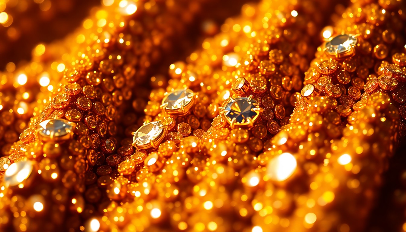 An extreme close-up photograph of shimmering gold sequins and glittering rhinestones, capturing the luxurious, high-fashion aesthetic of a music industry awards show.