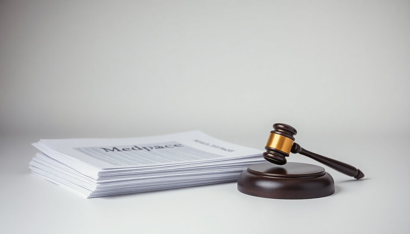 A minimalist studio photograph featuring a stack of legal documents and a gavel on a clean, monochromatic background, conceptually representing the legal proceedings against Medpace.