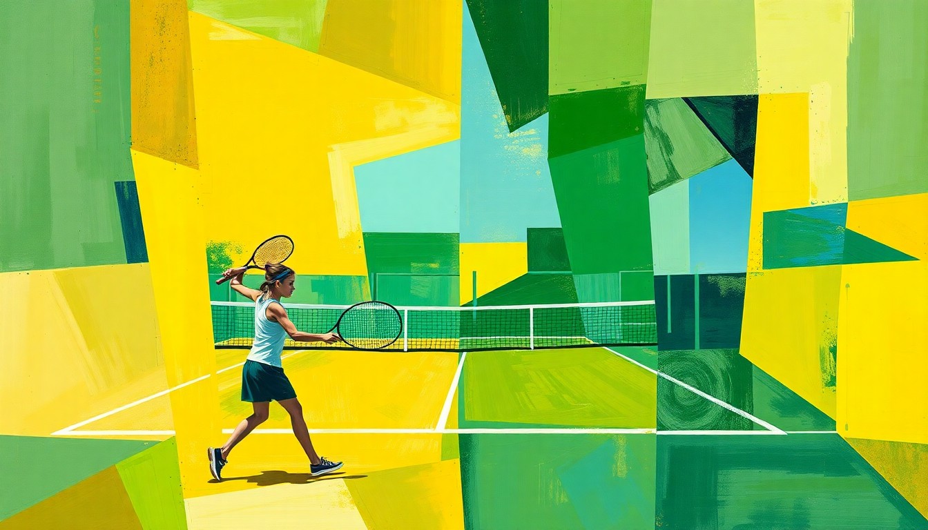 A cubist, geometric painting depicting a girls tennis match, with overlapping planes of green, yellow, and blue representing the dynamic action of the sport.