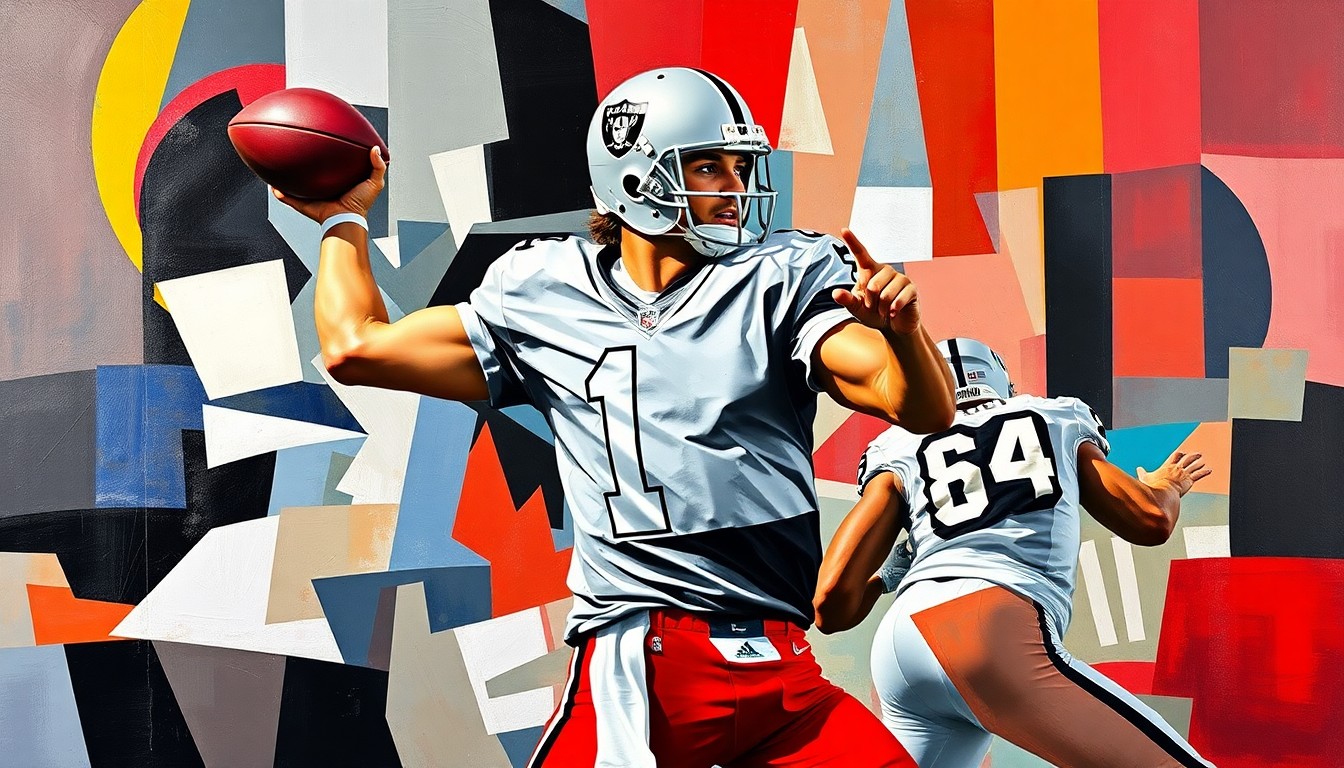 A cubist-style painting depicting a quarterback in the midst of a passing play, with the player's form fractured into sharp, overlapping geometric shapes in the Raiders' signature colors of silver, black, and red.