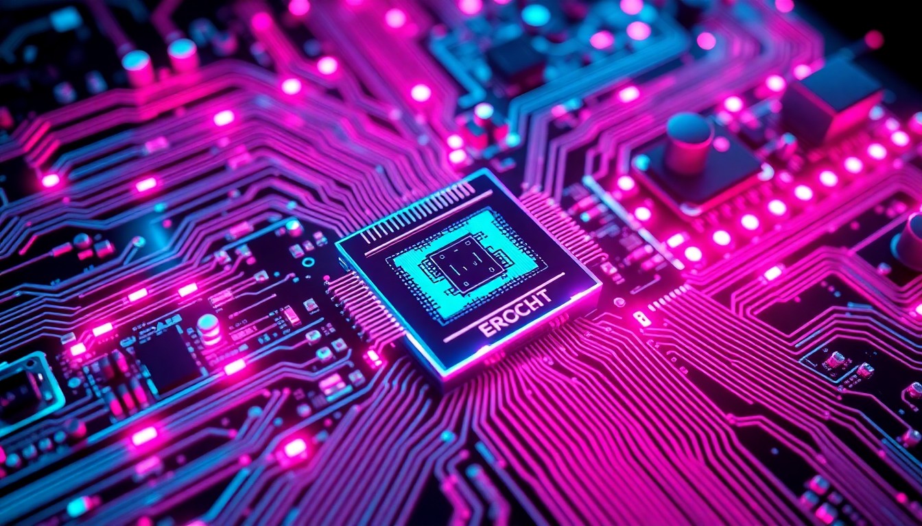 A highly detailed, glowing 3D macro illustration of a complex circuit board with pulsing neon cyan and magenta lights, conceptually representing the digital infrastructure powering AI image generation.
