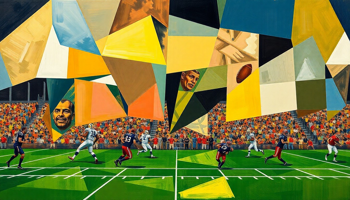 A cubist, geometric painting depicting a football game broken down into sharp, overlapping planes of color, representing the Giants' new coaching staff's plans to rebuild the team through a collaborative, hard-nosed approach.