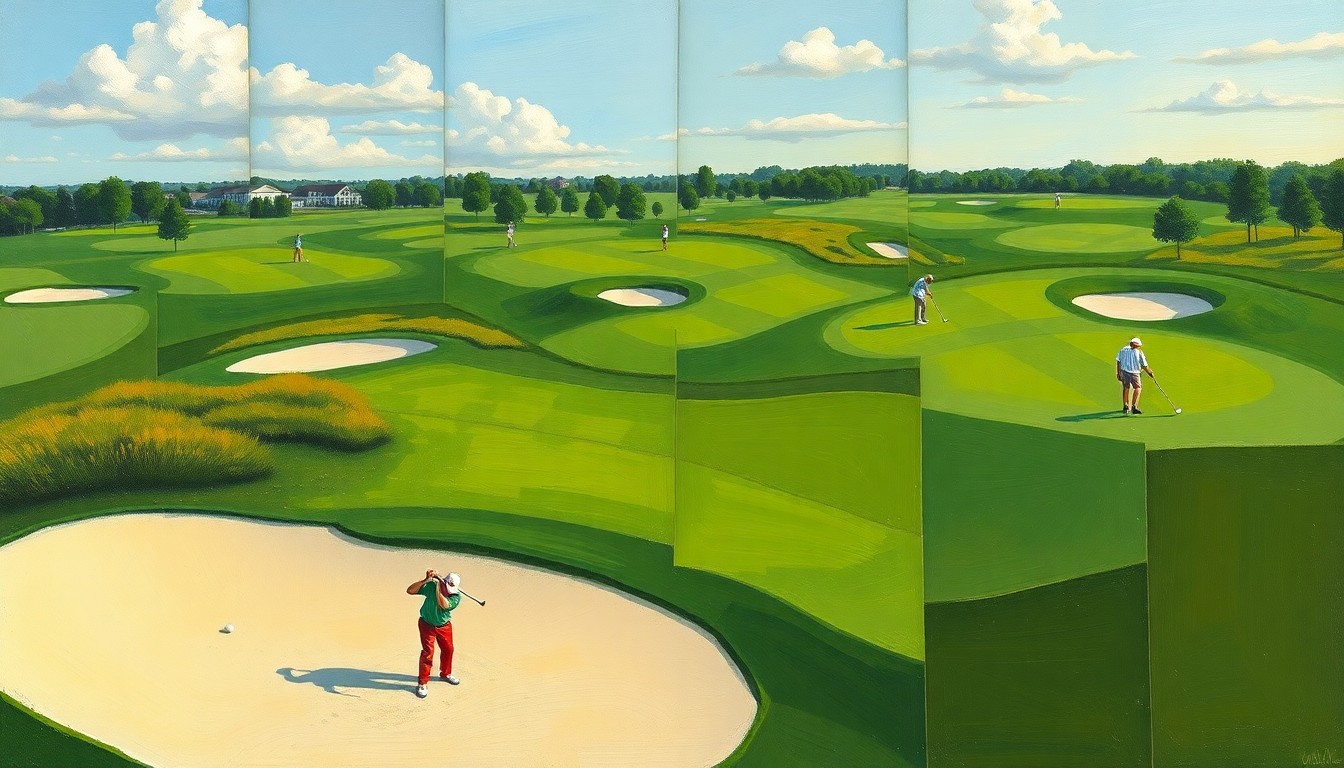 A fragmented, geometric painting depicting a college golf tournament, with overlapping planes of green fairways, sand traps, and golfers in motion, conveying the dynamic nature of the sport.