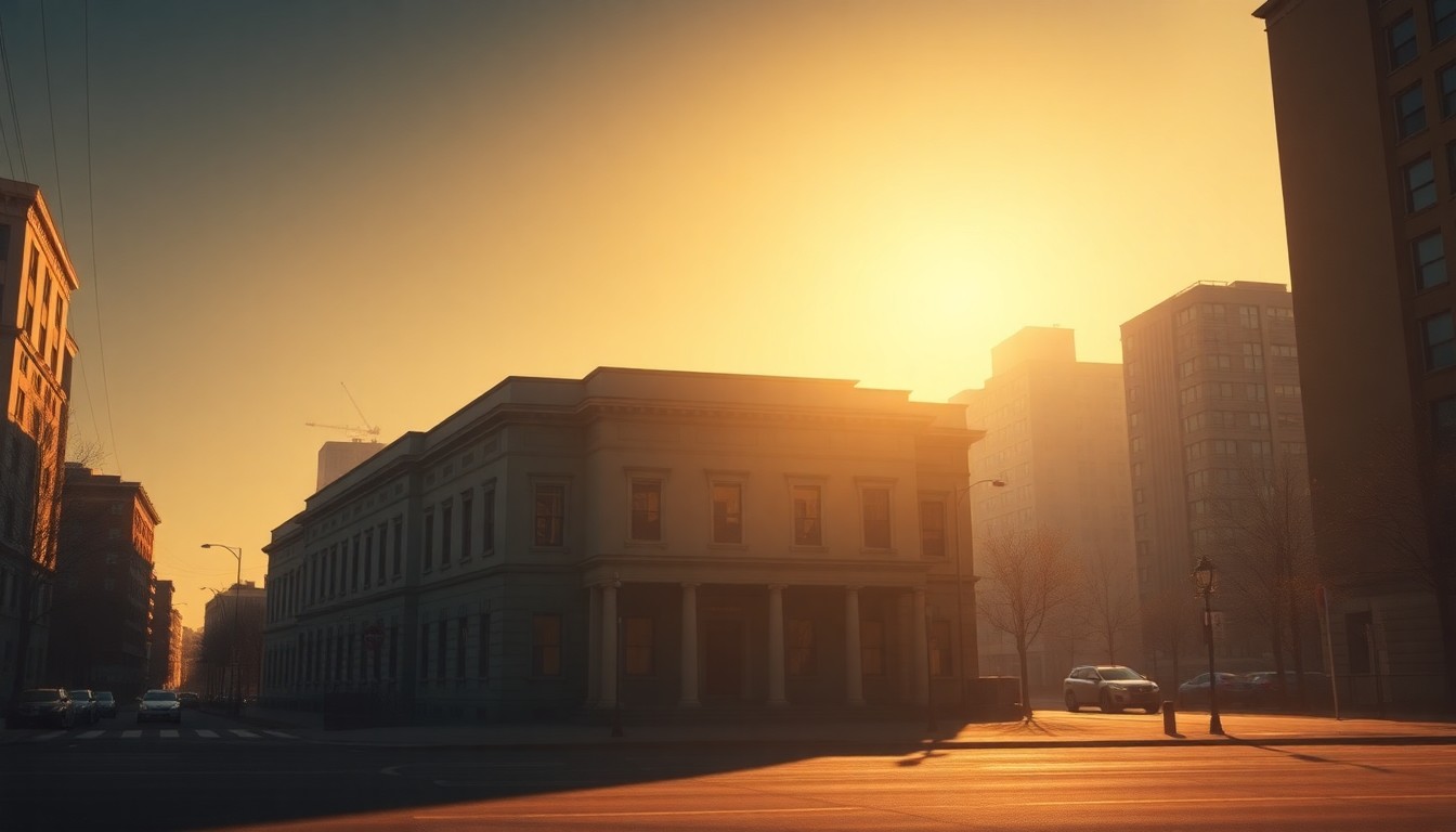A serene, photorealistic painting of an empty government office building in downtown Philadelphia, with warm sunlight streaming through the windows and deep shadows across the facade, conveying a sense of quiet melancholy.