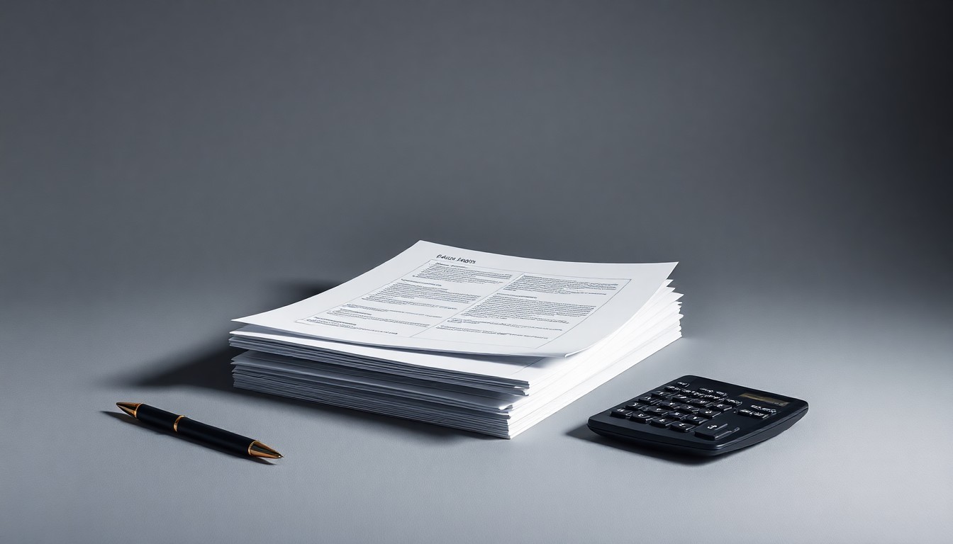 A photorealistic studio still life featuring a stack of financial reports, a pen, and a calculator on a clean, monochromatic background, conceptually representing the abstract corporate strategy and finance behind Kite Realty Group's upcoming earnings announcement.