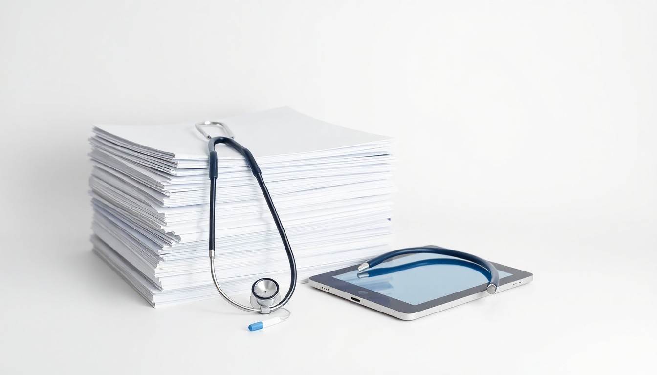 A photorealistic studio still life featuring a stack of medical files, a stethoscope, and a tablet device on a clean, monochromatic background, symbolizing the data-driven, professional nature of the home healthcare industry.