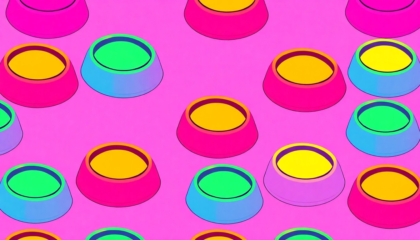 A brightly colored, high-contrast silkscreen print of a dog food bowl repeated in a tight grid pattern, conceptually representing the accessibility and affordability of veterinary services for pet owners.