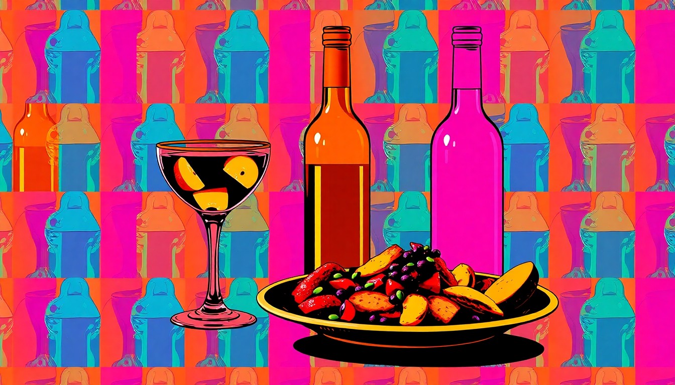A stylized, repeating grid of brightly colored silkscreen illustrations depicting cocktail glasses, wine bottles, and plates of food, conceptually representing the elevated dining and drinking options now available in downtown Woburn.
