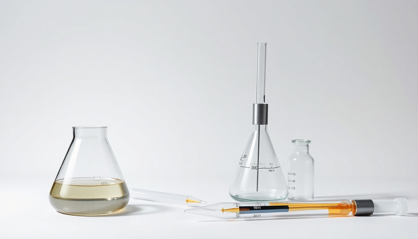 A high-end, photorealistic studio still-life photograph featuring polished metal and glass laboratory equipment arranged elegantly on a clean white background, conveying the precision and innovation of the specialty chemicals industry.