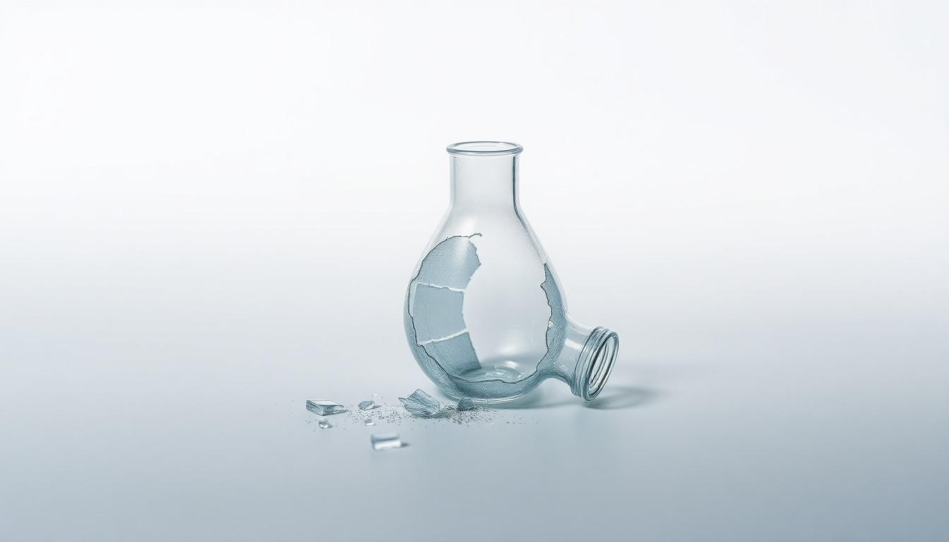 A photorealistic studio still-life image of a shattered glass vial or beaker on a clean, monochromatic background, representing the potential financial losses suffered by Atara Biotherapeutics investors.