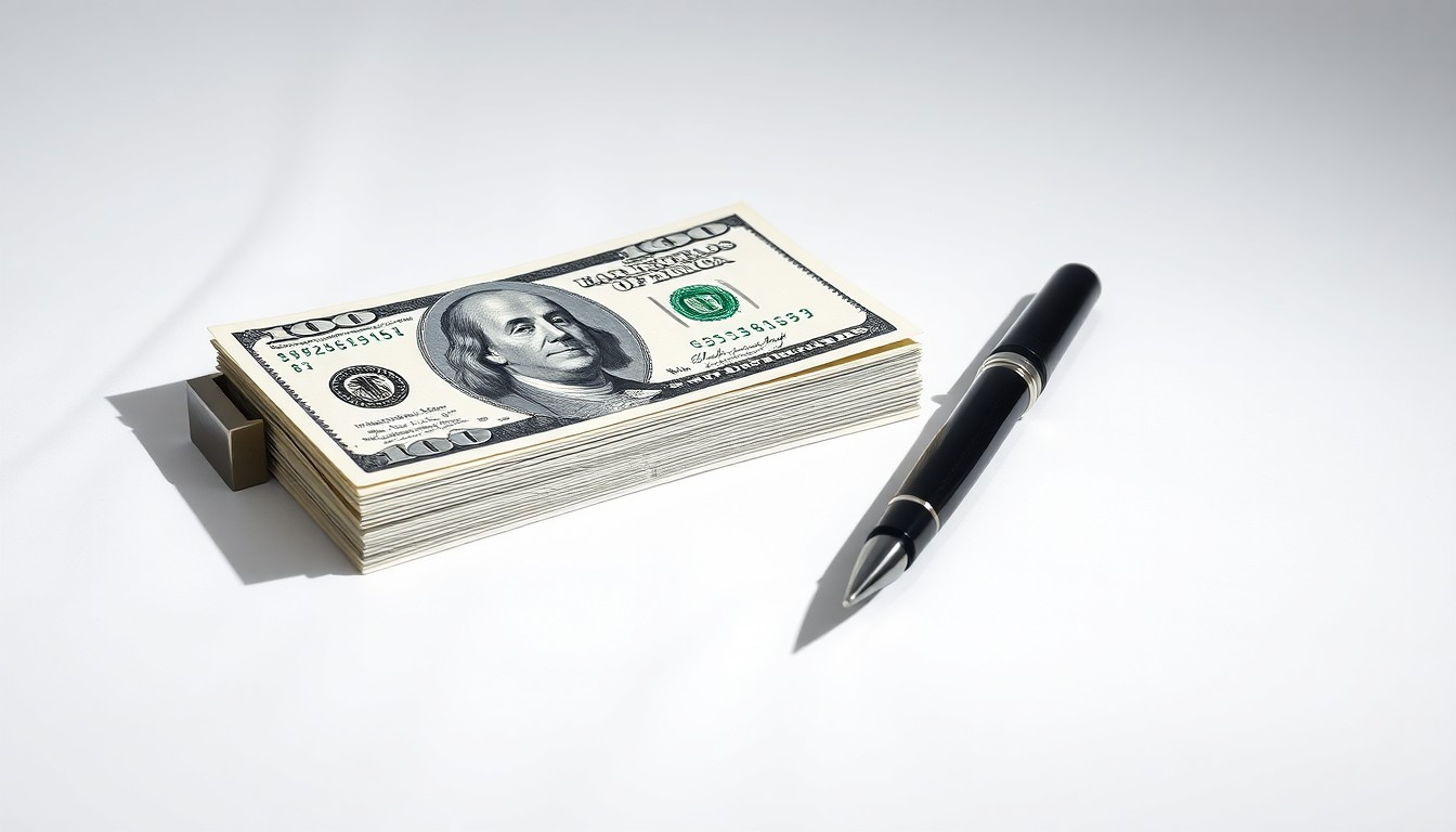 A minimalist studio still life photograph featuring a stack of cash, a metal business card holder, and a sleek fountain pen, conceptually representing a corporate investment in community development.