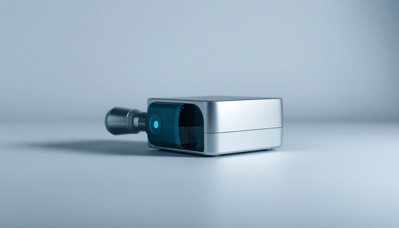 A close-up, high-contrast photograph of a sleek, modern retina laser device made of polished metal and glass, conceptually representing the advanced medical technology that will be more widely available to eye doctors through the Iridex-EyeProGPO partnership.