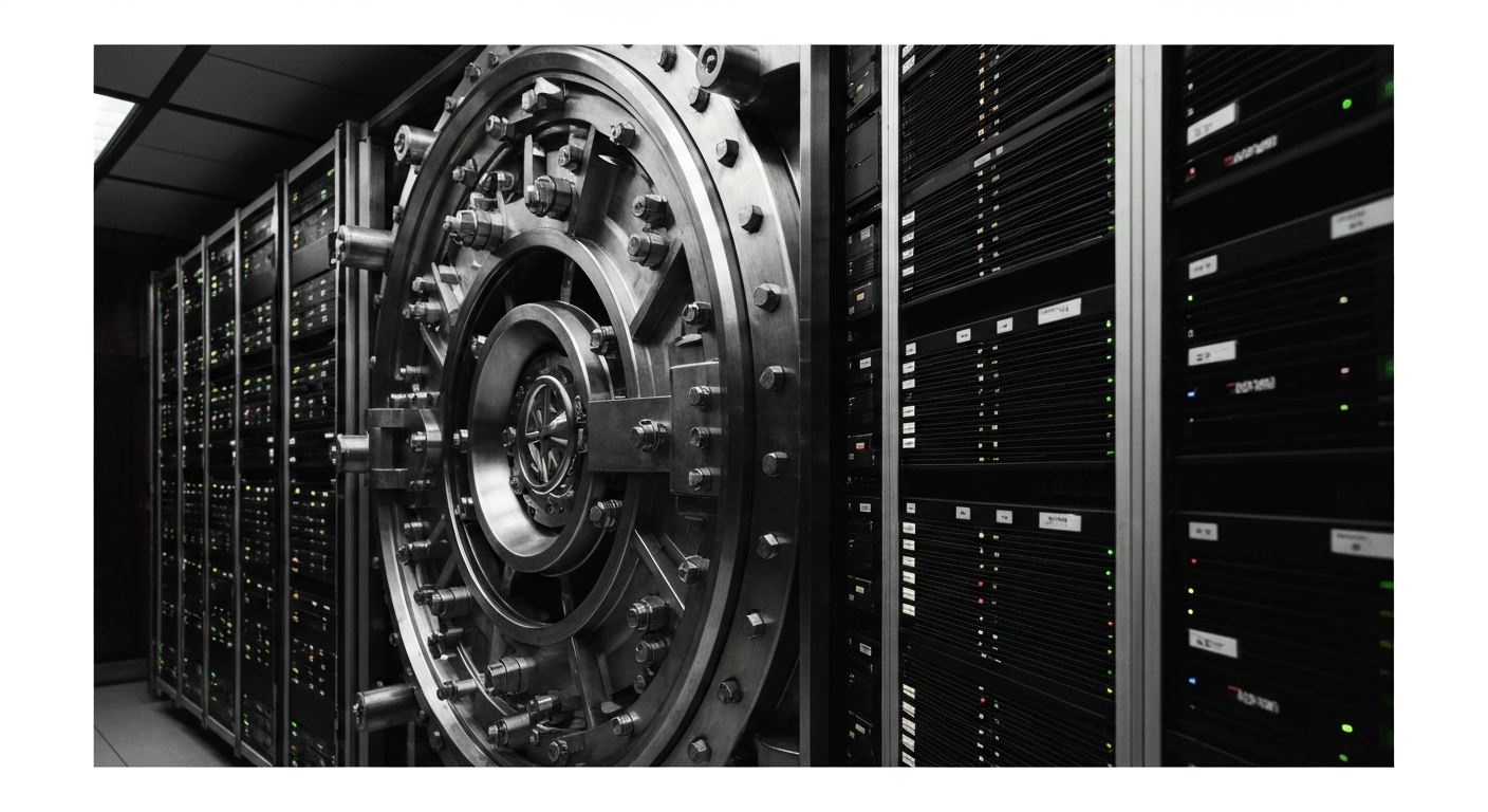 An extreme close-up of complex financial machinery, such as a bank vault door or trading floor computer servers, rendered in high-contrast black and white. The image conveys a sense of the power and complexity of the financial system without using any text or identifiable branding.