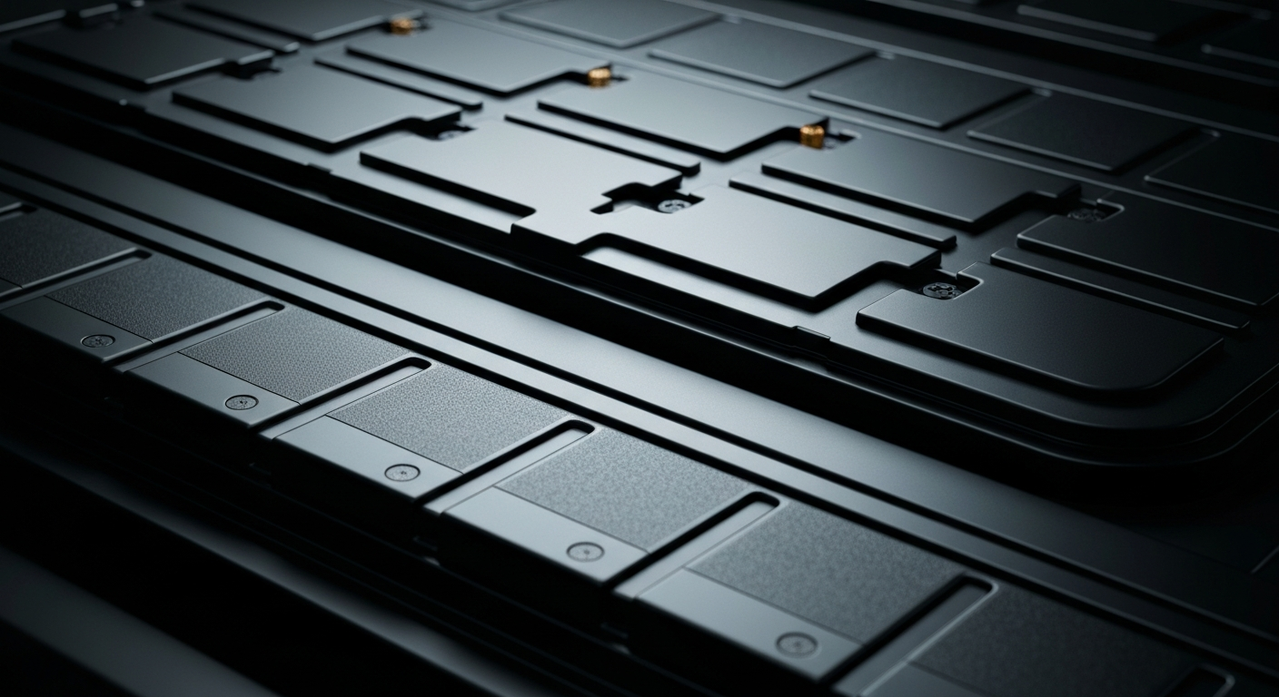 An extreme close-up of the pebbled, layered surface of an electric vehicle battery pack, lit dramatically to reveal the complex engineering behind modern automotive technology.