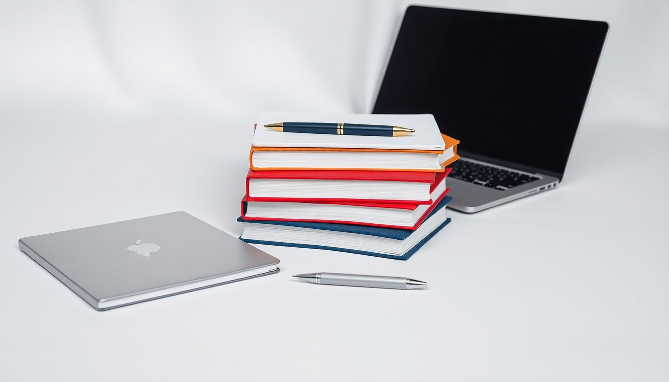 A high-end, photorealistic studio still-life photograph featuring a stack of business textbooks, a laptop, and a pen arranged elegantly on a clean, white seamless background, conceptually representing the academic and professional development focus of the Haworth College of Business donation.