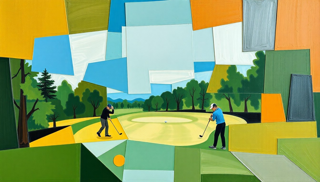 A fragmented, geometric painting in shades of green, blue, and ochre, depicting the dynamic action and competition of a middle school golf match through Cubist-inspired abstraction.