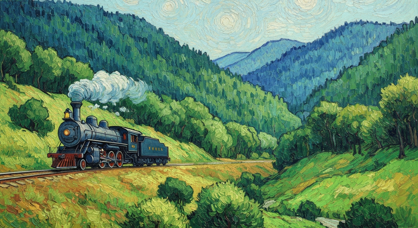 A sweeping oil painting landscape depicting a historic steam locomotive traveling through a lush, mountainous forest, capturing the scenic beauty and industrial history of West Virginia's Cass Scenic Railroad.