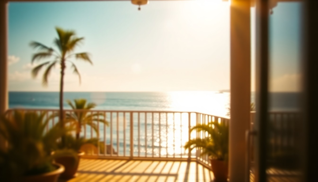 A soft, out-of-focus photograph of a sun-drenched balcony overlooking the ocean, with the faint silhouettes of palm trees and sailboats in the distance, creating a dreamlike, atmospheric scene.