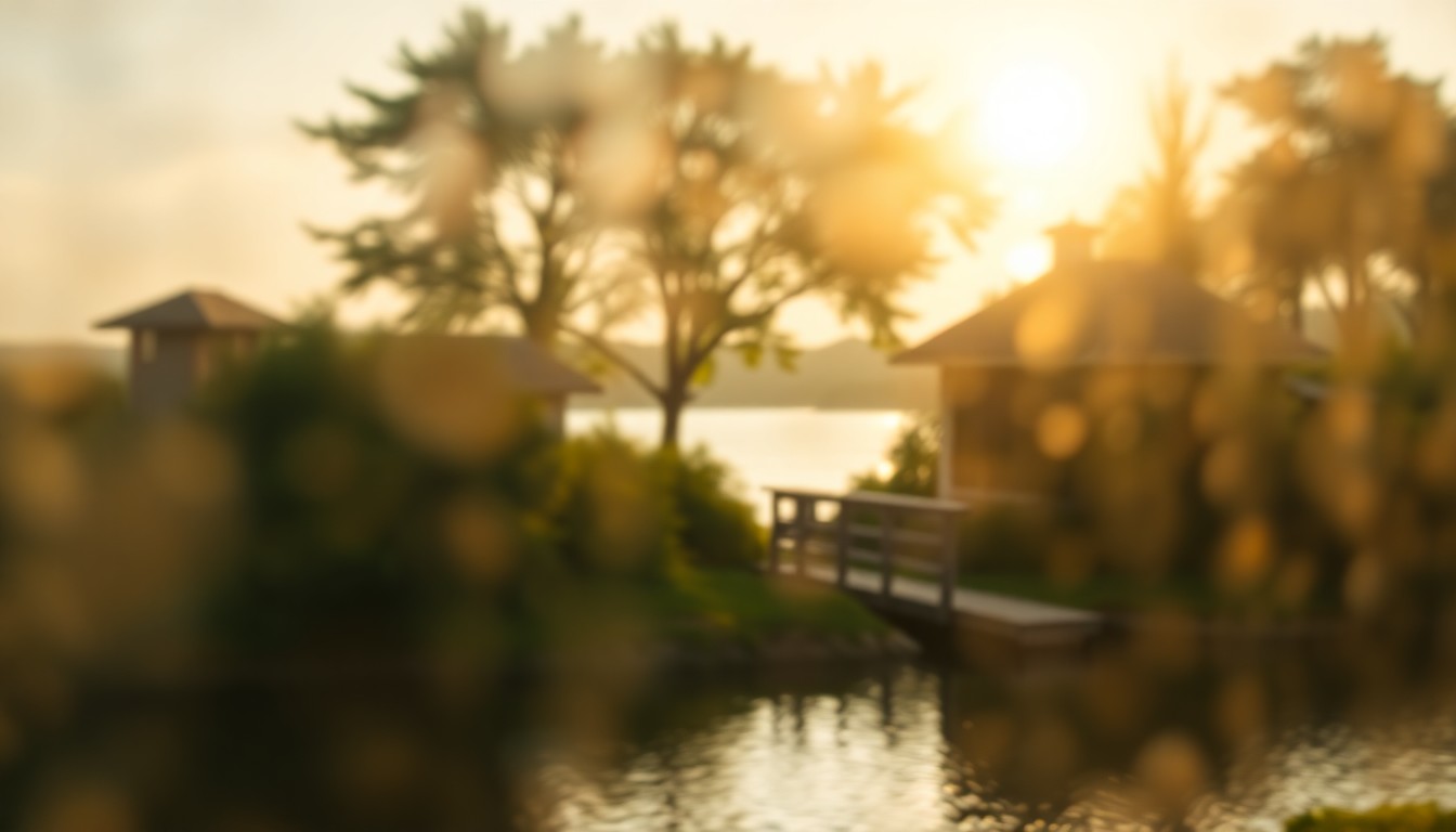 An abstracted, out-of-focus photograph in warm, soft tones depicting a serene riverfront scene with lush greenery and a glimpse of a private dock, conveying a dreamy, atmospheric mood.