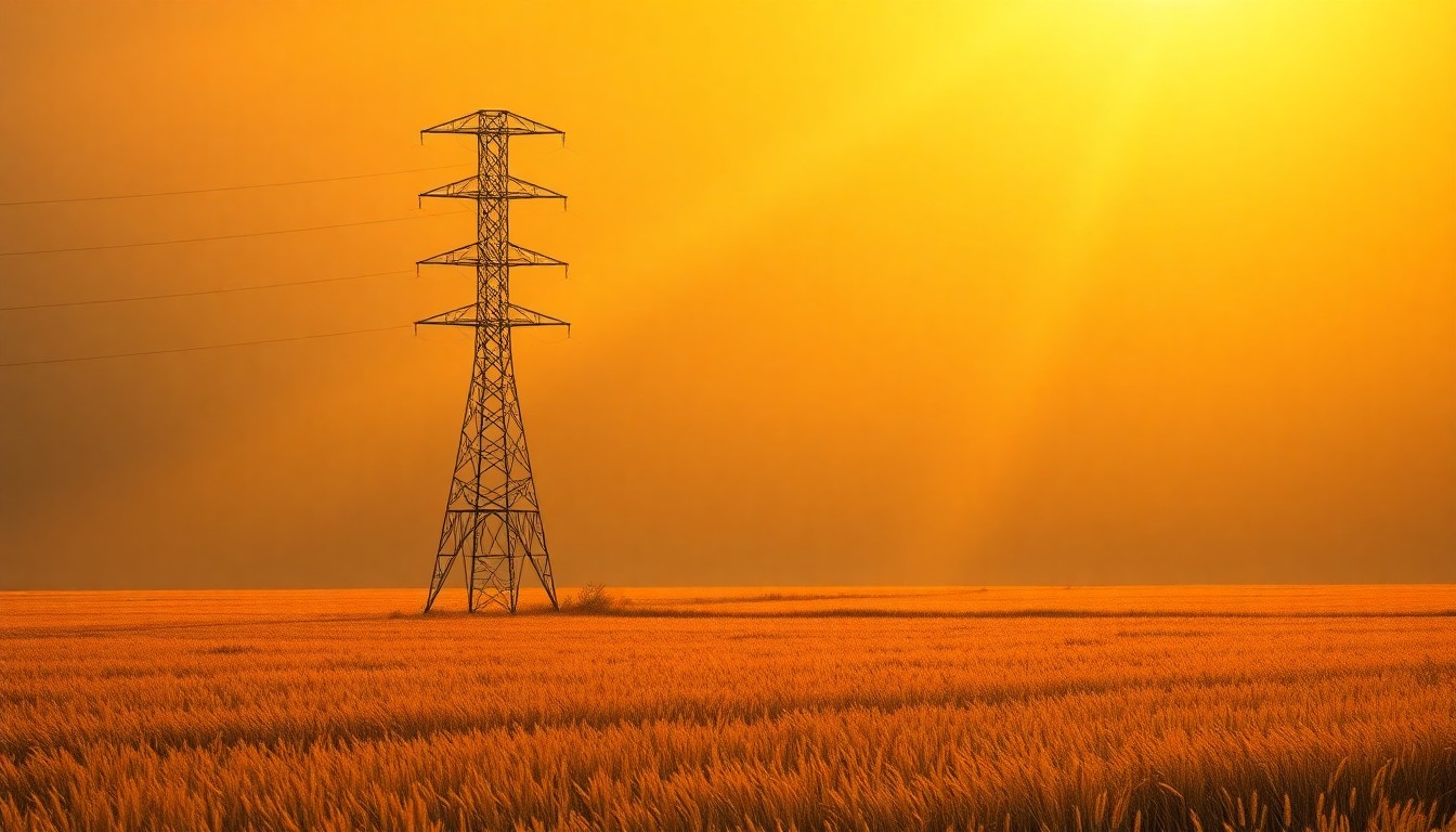 A photorealistic painting of a lone high-voltage electrical tower standing in a rural field, with warm sunlight casting dramatic shadows across the structure, evoking a sense of isolation and the impact of infrastructure on the landscape.