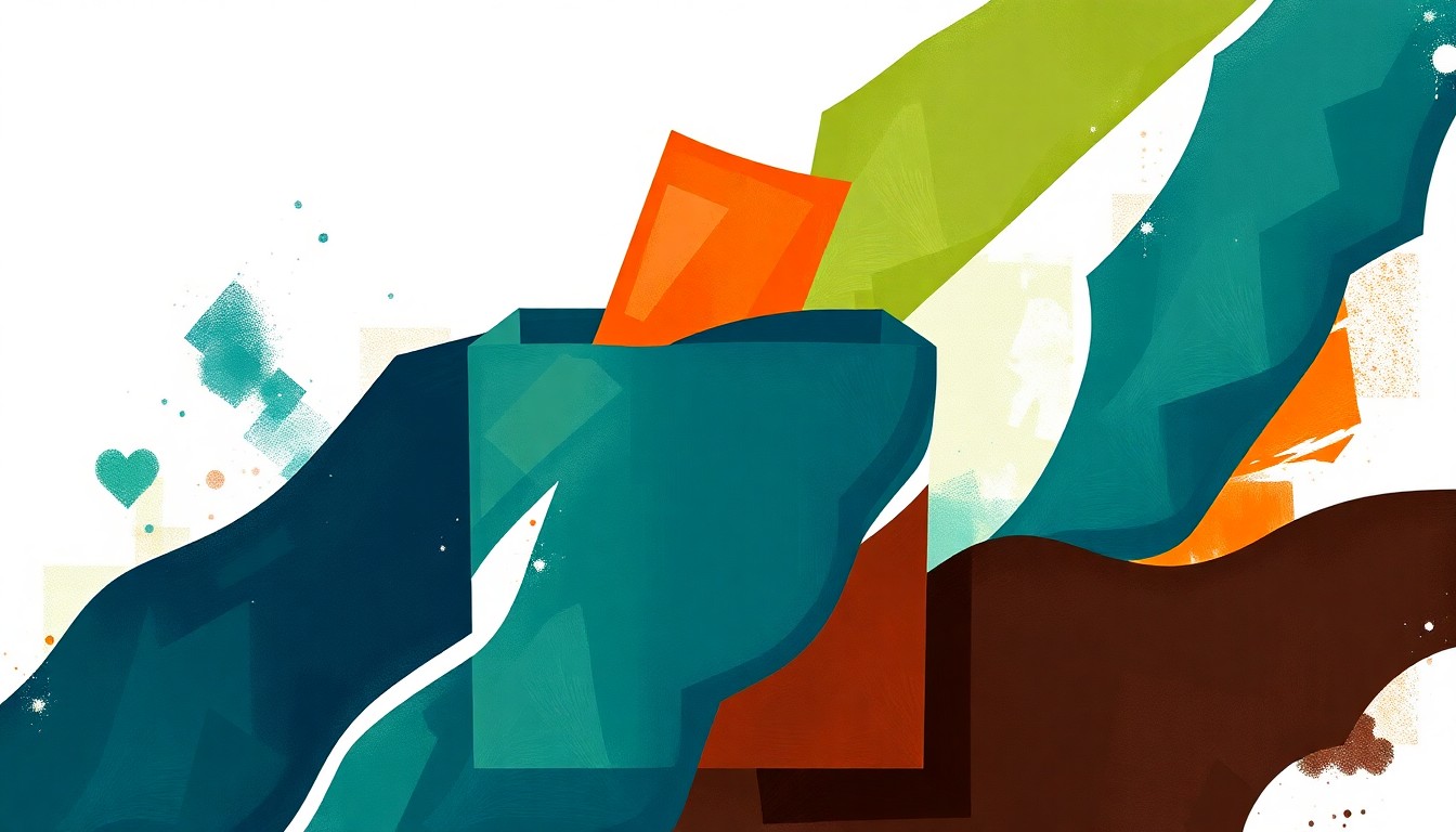 A vibrant, abstract painting featuring overlapping geometric shapes and brushstrokes in navy, green, and orange, conceptually representing the divisive political battle over voter registration.