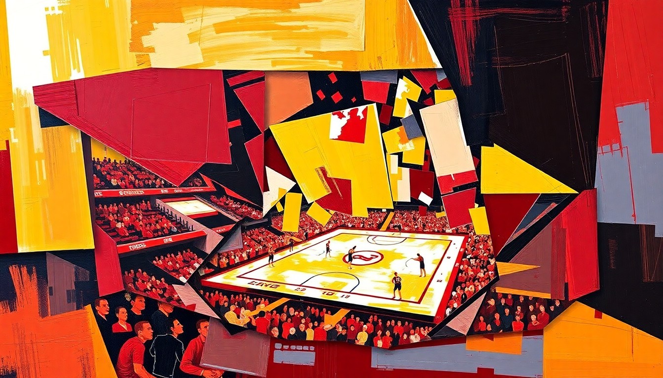 A cubist, geometric painting depicting a gymnastics competition, with overlapping planes of maroon and gold representing the University of Minnesota Gophers.