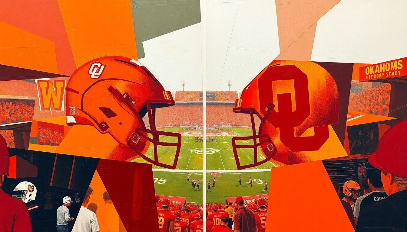 A fragmented, geometric painting depicting a football game or match between Oklahoma State and Oklahoma, with sharp planes of orange and red representing the teams' colors and the dynamic action on the field.