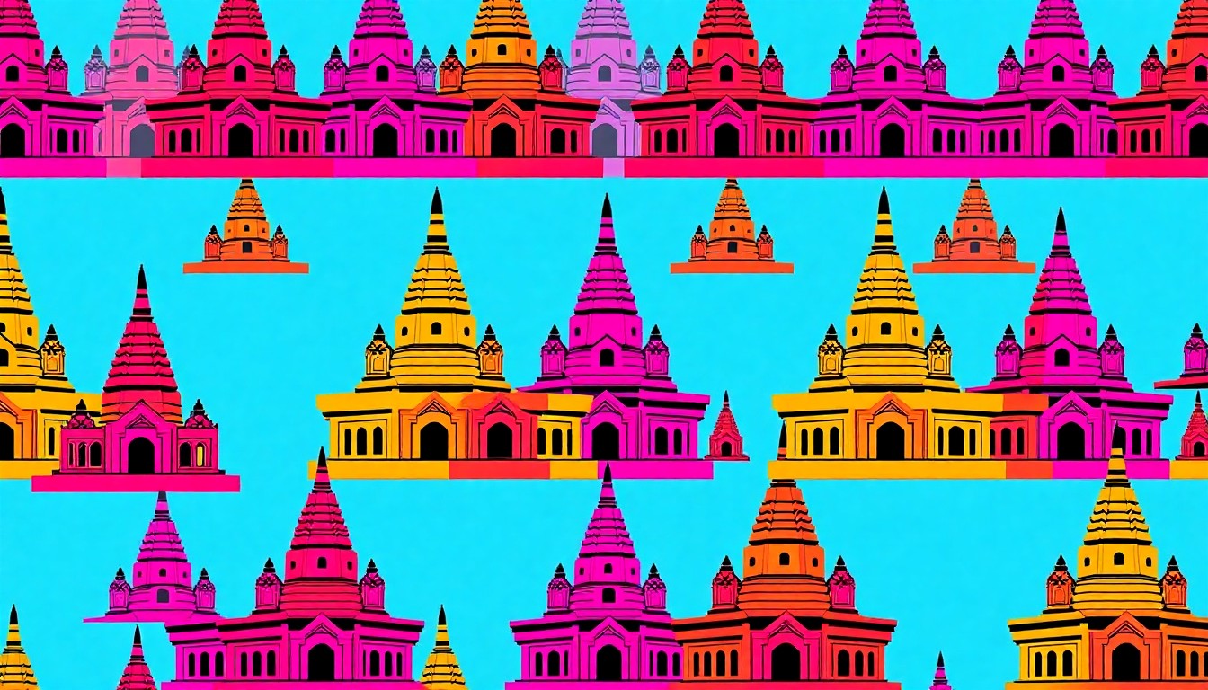 A bold, abstract silkscreen print featuring a repeating pattern of a stylized Cambodian temple or architectural motif in a grid of bright, neon-like colors, capturing the celebratory and culturally significant nature of the new gateway sign.