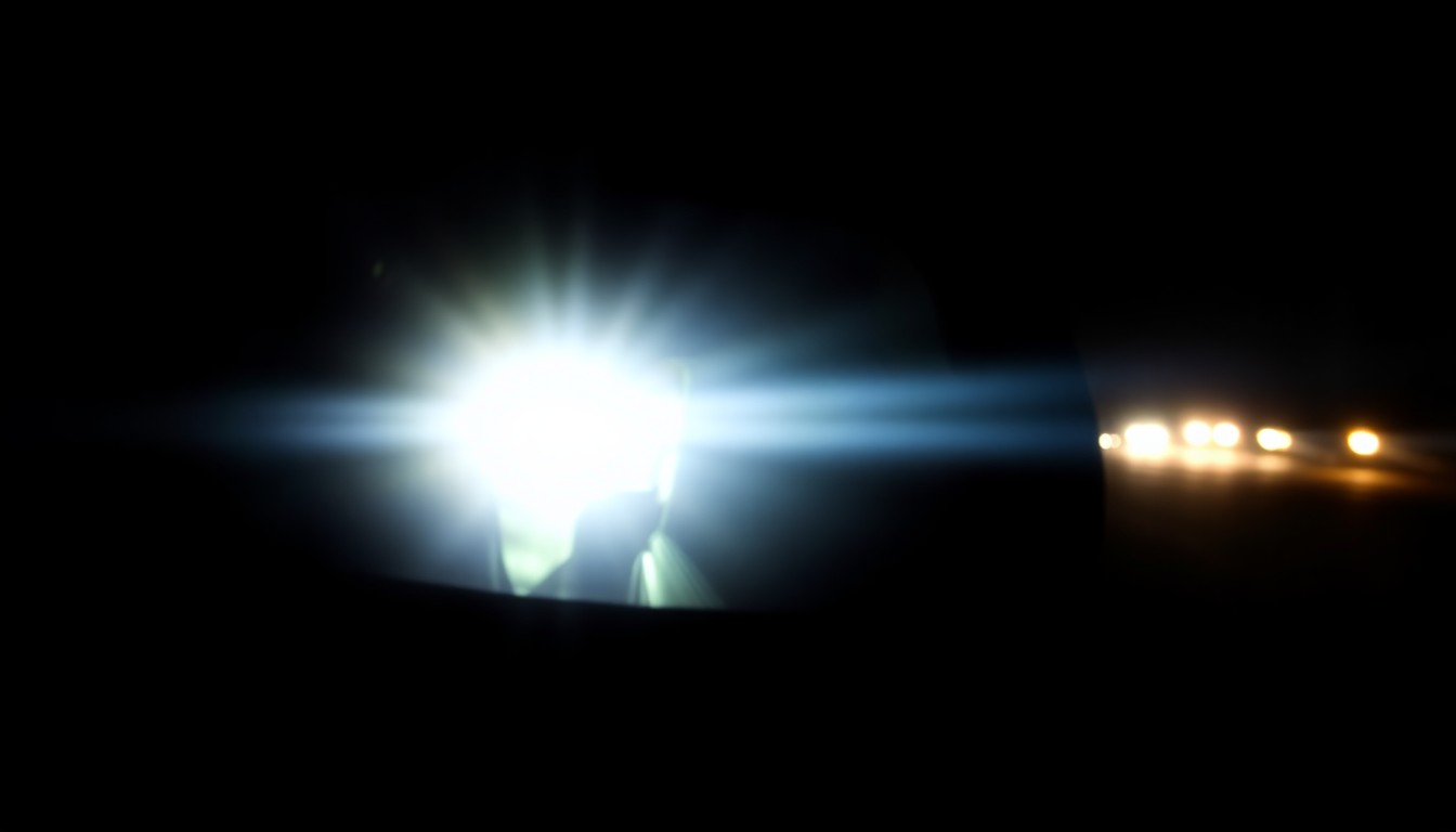 An extreme close-up photograph of a car's side mirror, reflecting the faint outline of a person's face in the distance, bathed in harsh, direct camera flash against a pitch-black background, conceptually representing the sudden, gritty, and investigative nature of this road rage incident.