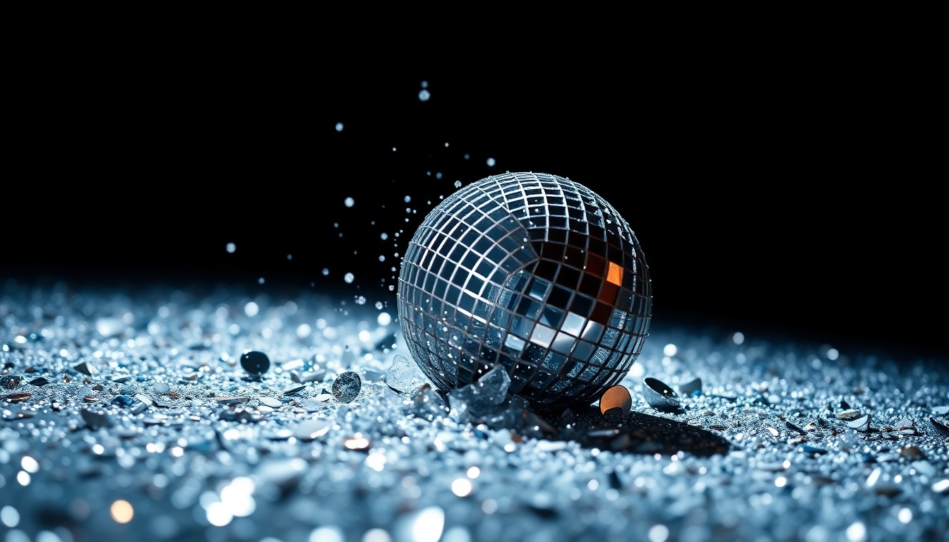 An abstract close-up image of shimmering sequins and shattered glass, captured in dramatic studio lighting to convey a sense of high-end performing arts glamour and energy.
