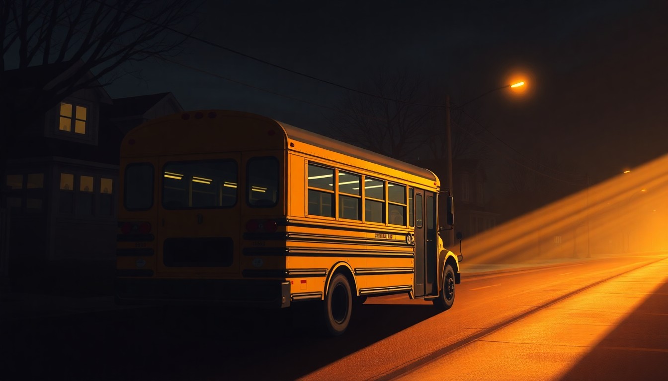 A serene, nostalgic painting of a lone school bus parked on a quiet suburban street, the vehicle's yellow body and windows reflecting the warm, angled sunlight of the scene.