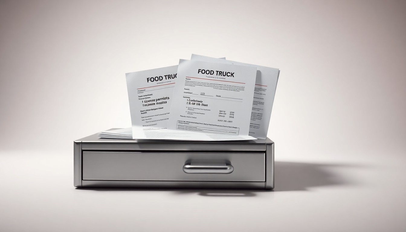 A minimalist studio still life photograph featuring a stack of food truck permits, licensing documents, and a metal cash register drawer on a clean, monochromatic background, conceptually representing the financial impact of the new state food truck regulations.