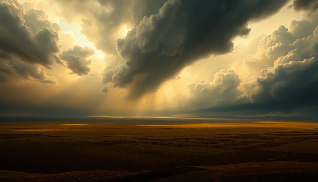 A vast, atmospheric landscape painting in the style of Caspar David Friedrich, depicting an approaching storm over a flat, open expanse. The scene uses deep perspective and dramatic backlighting to convey the overwhelming scale and power of the weather, with any physical structures or objects dwarfed by the sublime natural forces.