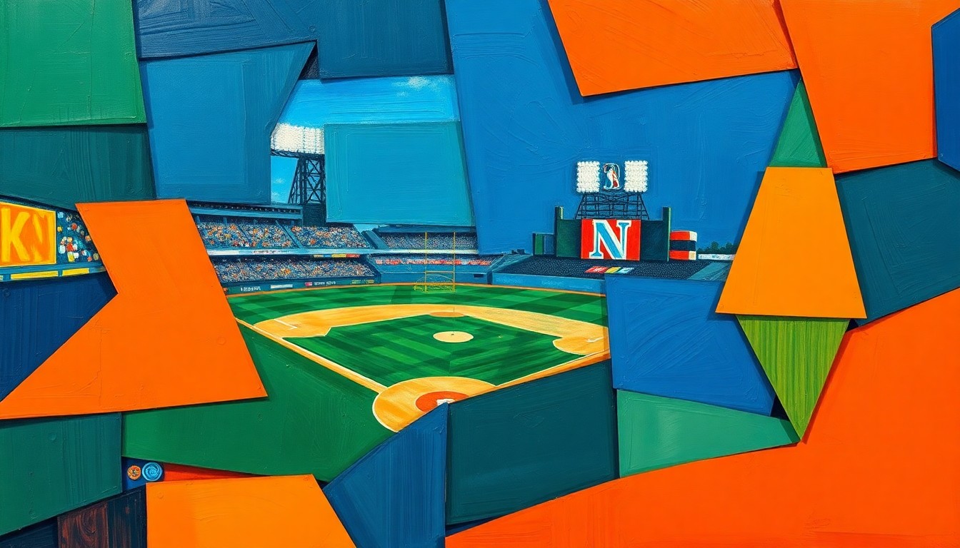 A cubist-style painting depicting a baseball game or match broken down into sharp, overlapping geometric shapes in a vibrant color palette, capturing the dynamic energy and movement of the sport.