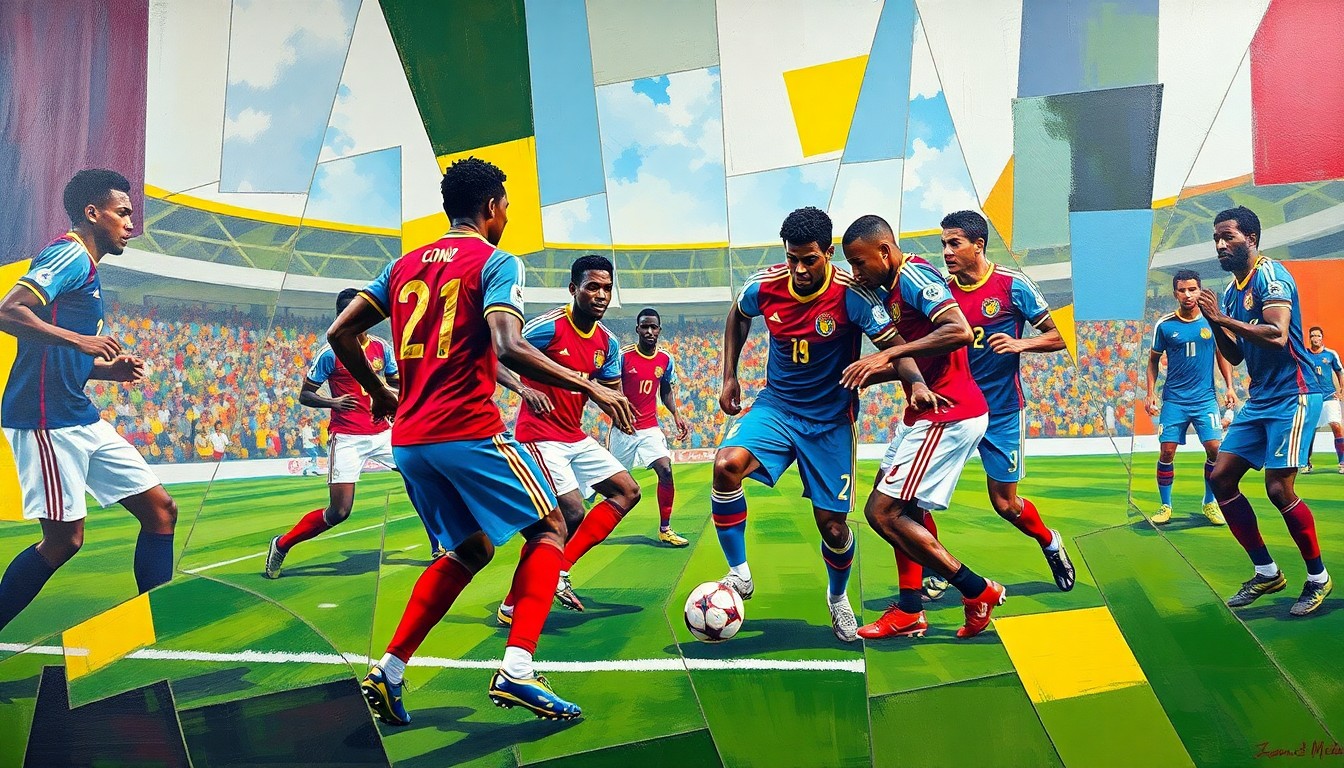 A fractured, multi-perspective painting in the style of Pablo Picasso, breaking a soccer match or training session between the DR Congo national team and their opponents into sharp, overlapping geometric planes of vibrant colors representing the team uniforms.