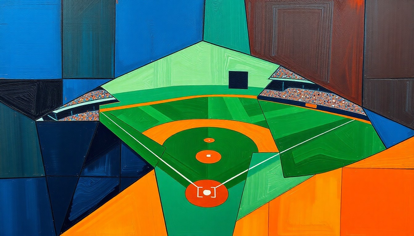 A cubist, geometric painting depicting a fractured, multi-perspective view of a baseball game, with sharp planes of navy blue, forest green, and burnt orange overlapping to create a dynamic, abstract representation of the sport.
