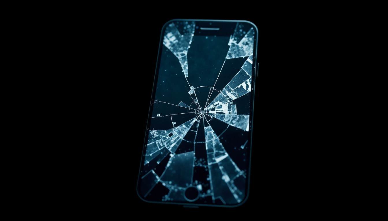 An extreme close-up photograph of a broken cell phone screen, shattered and cracked, lit by a harsh, direct camera flash against a pitch-black background, conceptually representing the investigative nature of a child exploitation case without depicting any violence or victims.