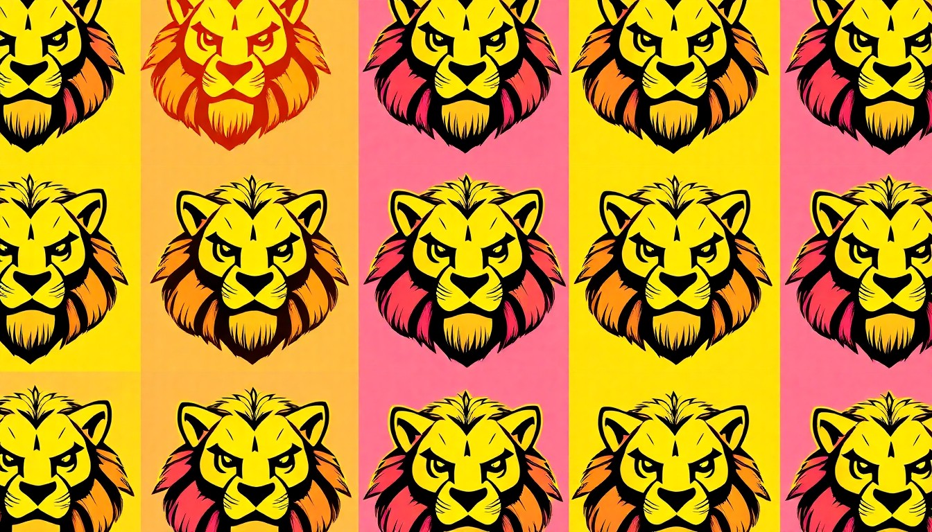 A brightly colored, high-contrast silkscreen print of a stylized Monarch Lion mascot character repeated in a tight grid pattern, utilizing flat, vibrant, and unnatural neon color palettes overlapping with heavy black photographic outlines to turn the school's new icon into modern pop art.