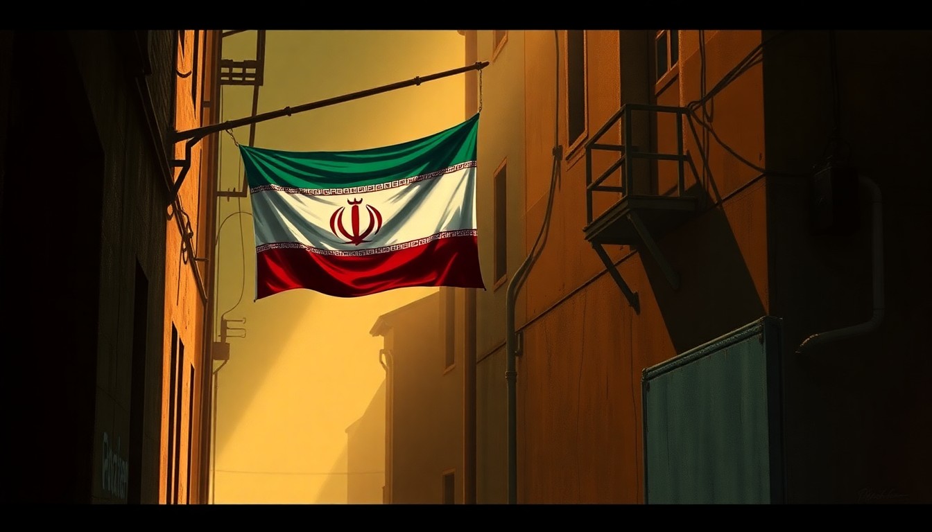 A cinematic painting of a lone Iranian flag hanging from a weathered flagpole in a deserted urban alleyway, with warm sunlight and deep shadows creating a melancholic, nostalgic atmosphere.