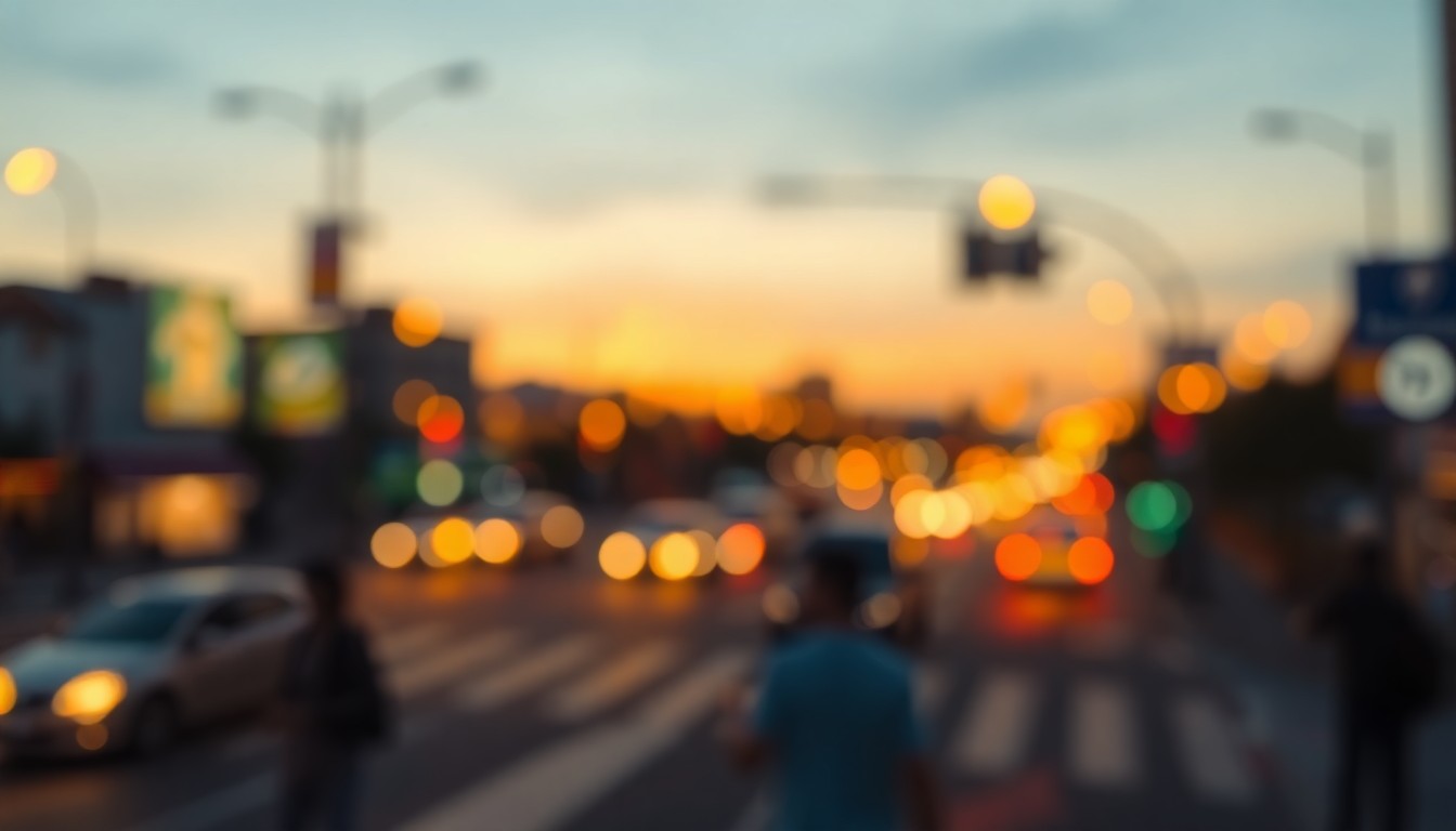 An abstract, impressionistic scene of a busy urban intersection at dusk, with blurred streetlights and vehicles creating a warm, atmospheric mood that captures the essence of the transportation planning challenge.