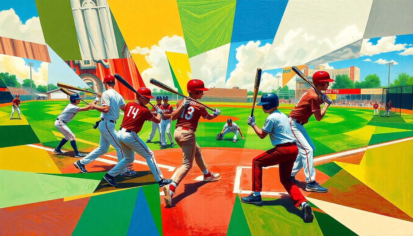 A cubist, geometric painting depicting a high school baseball game, with fragmented players, bats, and baseballs in a vibrant color palette, conveying the energy and intensity of the sport.