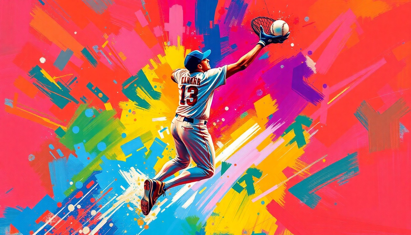 An abstract, expressionist painting in neon colors depicting the blurred, explosive motion of a baseball player making a leaping catch, their body and the ball dissolving into a vibrant blur of rapid brushstrokes.