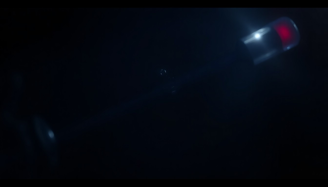 An extreme close-up photograph of a police-issued baton or other crime-related object, lit dramatically by a harsh flash against a dark background, conveying a sense of investigation and tension without depicting any actual violence.
