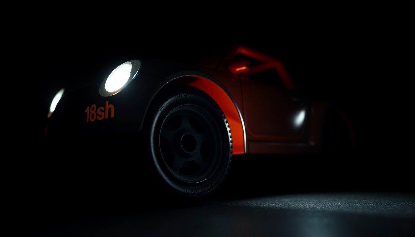 An extreme close-up photograph of a child's toy car tire, lit by a harsh, direct camera flash against a pitch-black background, conceptually representing the grim aftermath of a tragic accident involving a young child.