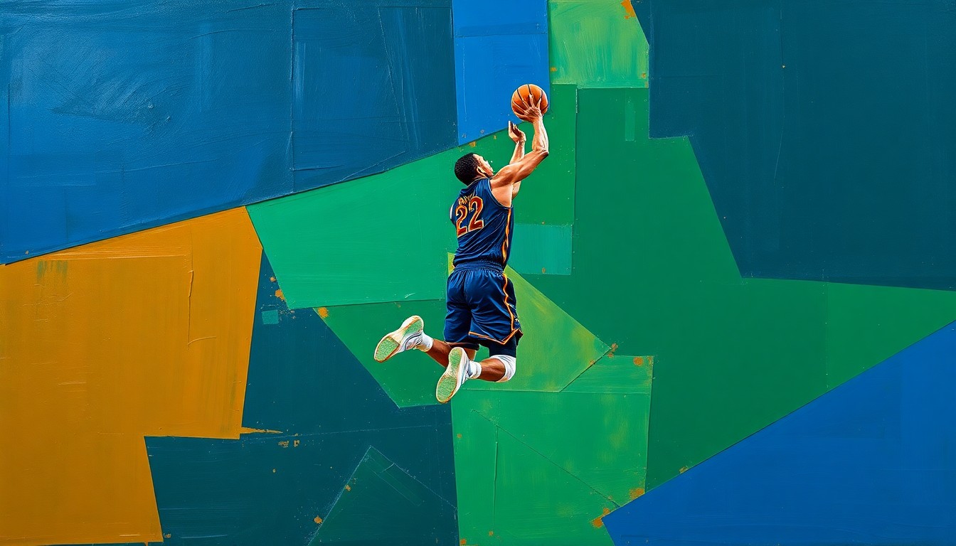 A fractured, cubist-style painting depicting a basketball player in mid-jump shot, with their body broken down into sharp, overlapping geometric shapes in a palette of navy blue, forest green, and burnt orange, conveying the dynamic energy and movement of the sport.