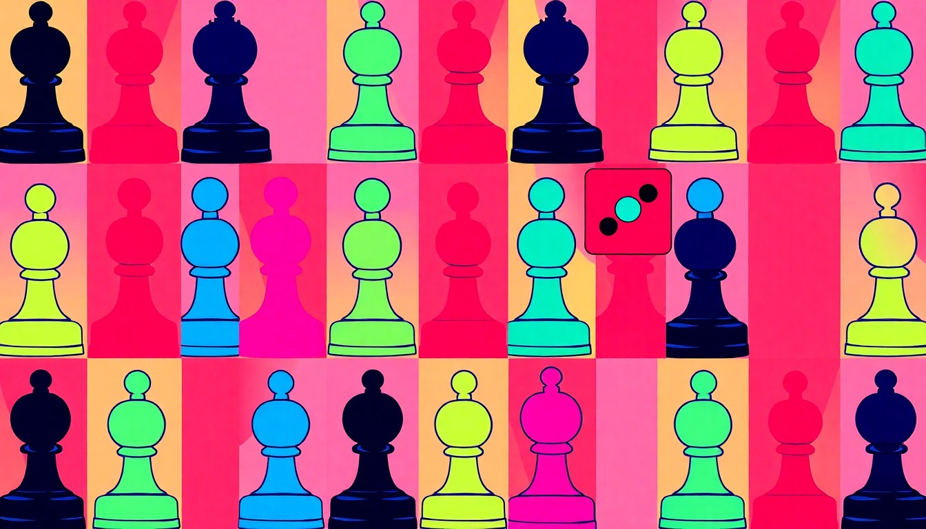 A highly stylized, silkscreen-inspired illustration featuring a repeated pattern of a single, iconic board game piece in a grid of bright, neon colors and bold black outlines, conceptually representing the gaming-focused experience of the Pairadice tiny house rental.