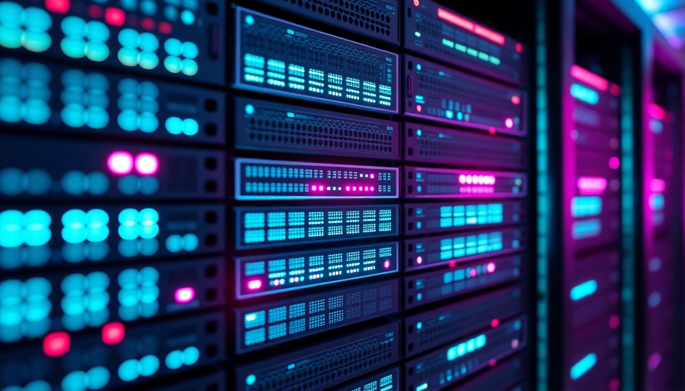 A glowing, 3D macro illustration of a Nutanix data center server rack, with neon cyan and magenta lights highlighting the physical hardware components, conceptually representing the company's focus on powering the next generation of hybrid cloud and AI-driven enterprise IT.